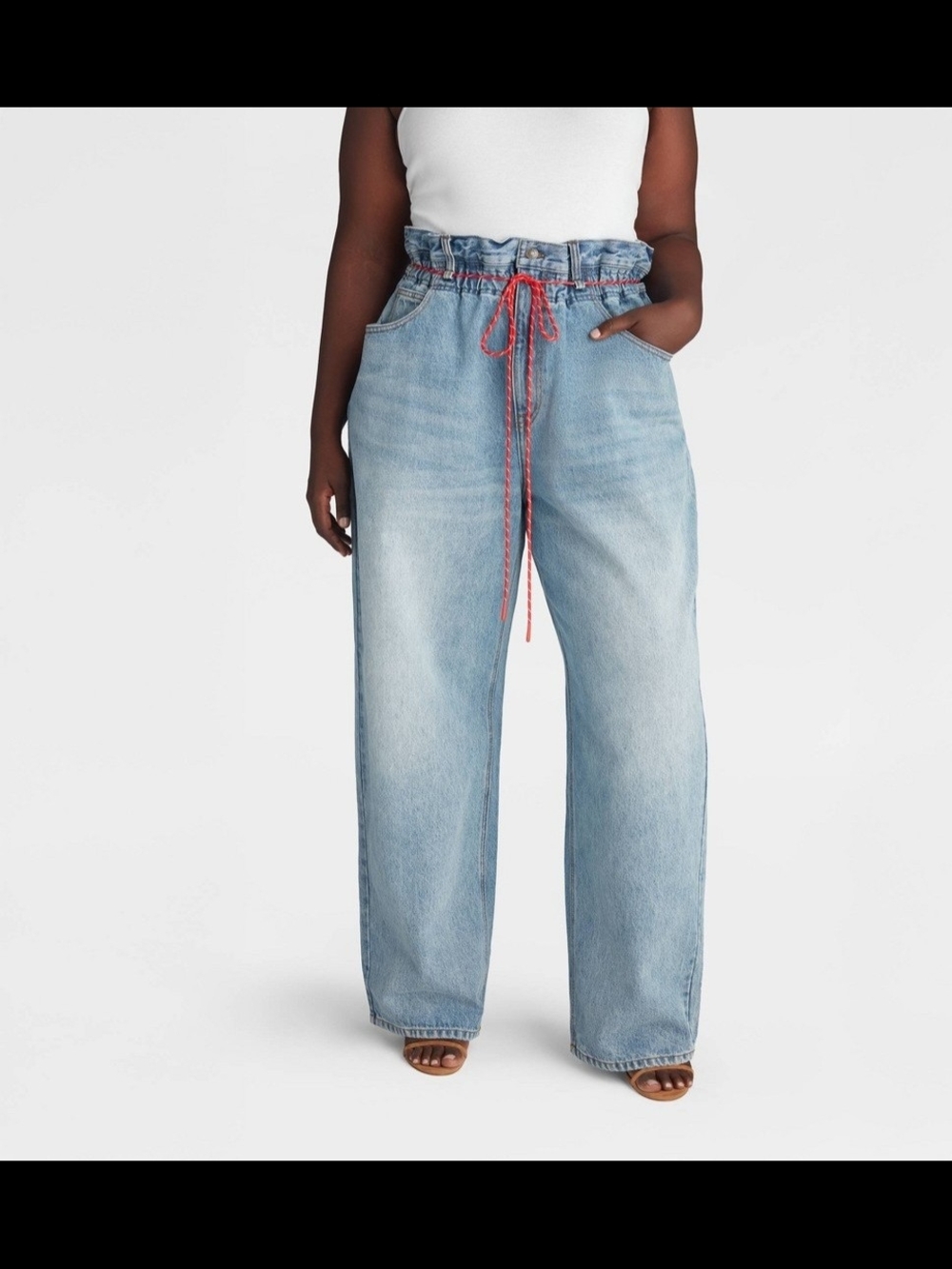 High-Rise Wide Leg Paperbag Jeans with Drawstring - Light Blue